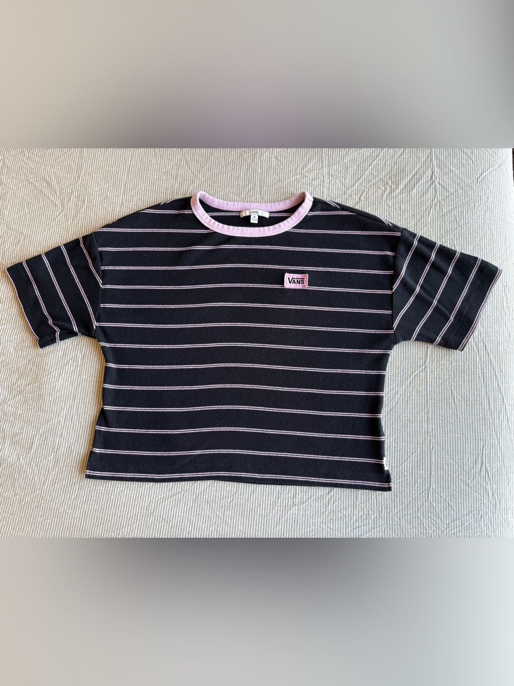 Vans Womens Ribbed Striped Crop Top Black Pink Ringer Crew Neck Short Sleeve M